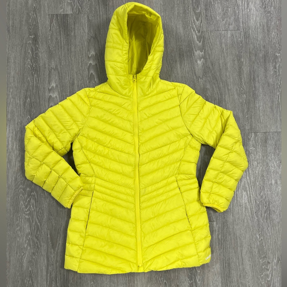 Women's Lands' End Wanderweight Packable Down Hooded Jacket Lime Green/yel Sz SM